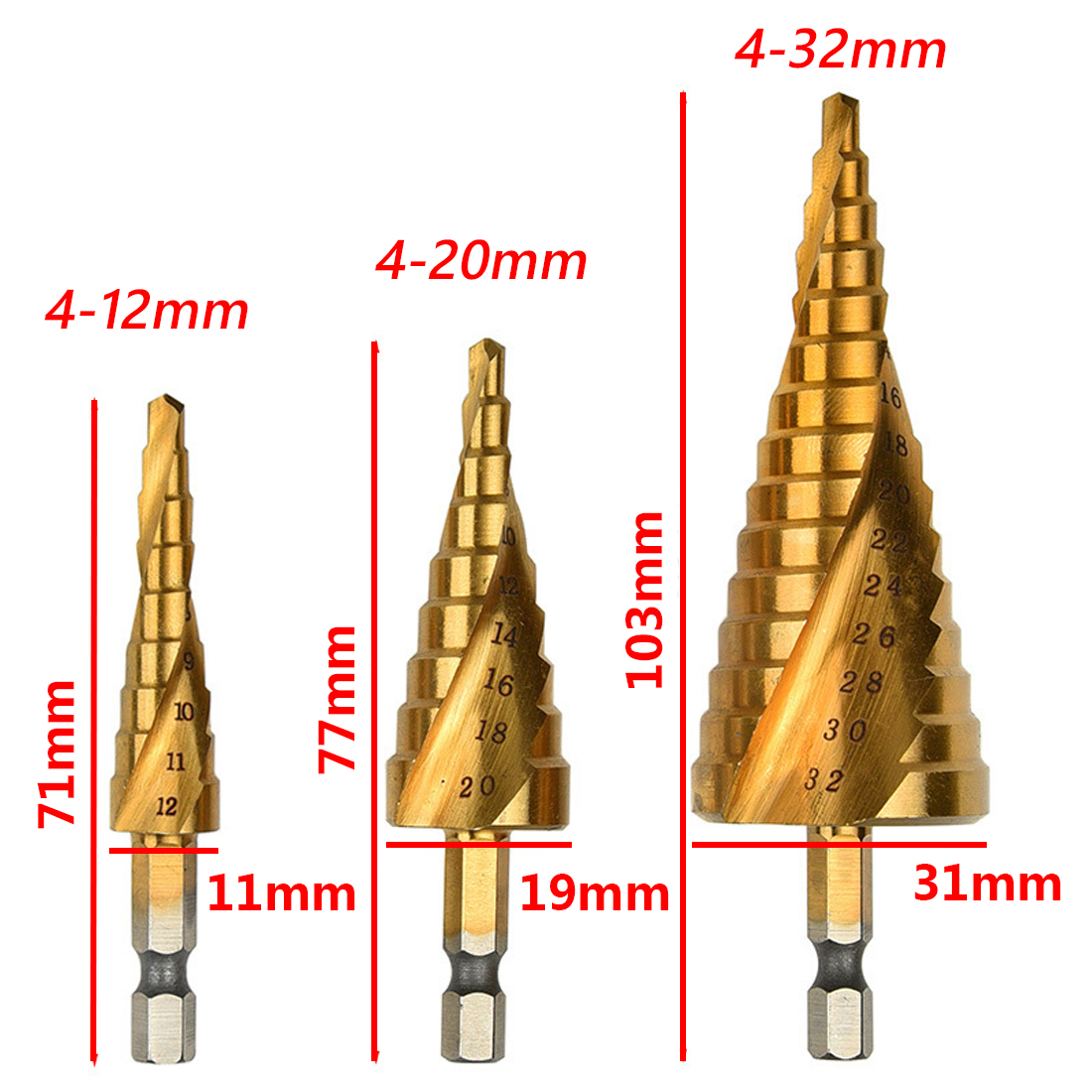 4-12/20/32mm Step Drill Bit HSS Titanium Coated Step Cone Metal Hole Cutter Metal Hex Tapered Drill Power Tools Accessories