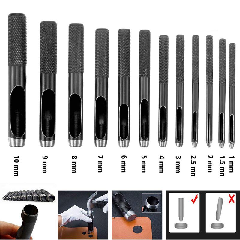 Round Hollow Punch Set 12Pcs Leather Craft Punch Tool Hollow Hole Punch Cutter Tool For Watch Bands Belts Canvas Paper Plastics(