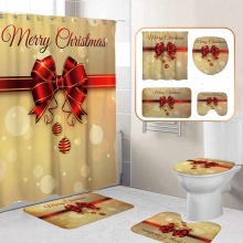 Merry Christmas Bathroom Set Christmas Bells Pattern Waterproof Shower Curtain Toilet Cover Non-Slip Carpet New Year Decoration