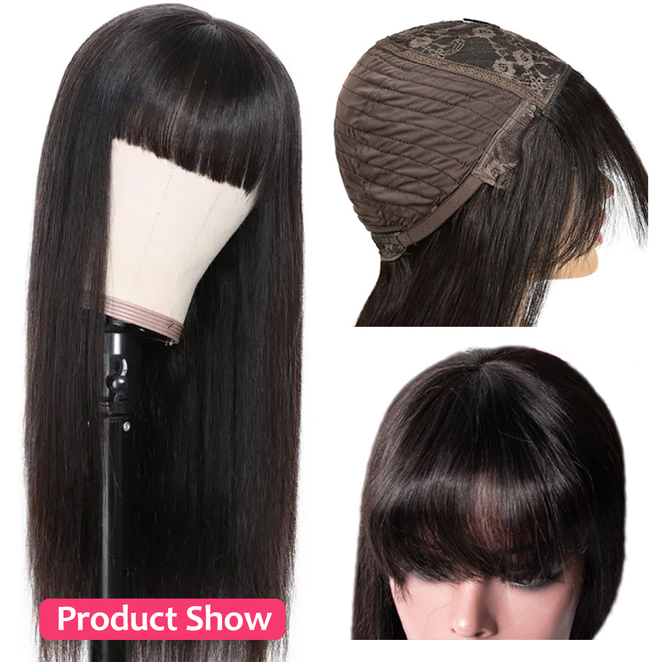 Luduna Straight Human Hair Wigs With Bangs Brazilian Full Machine Made Human Hair Wigs For Women 150% Remy Hair Wig