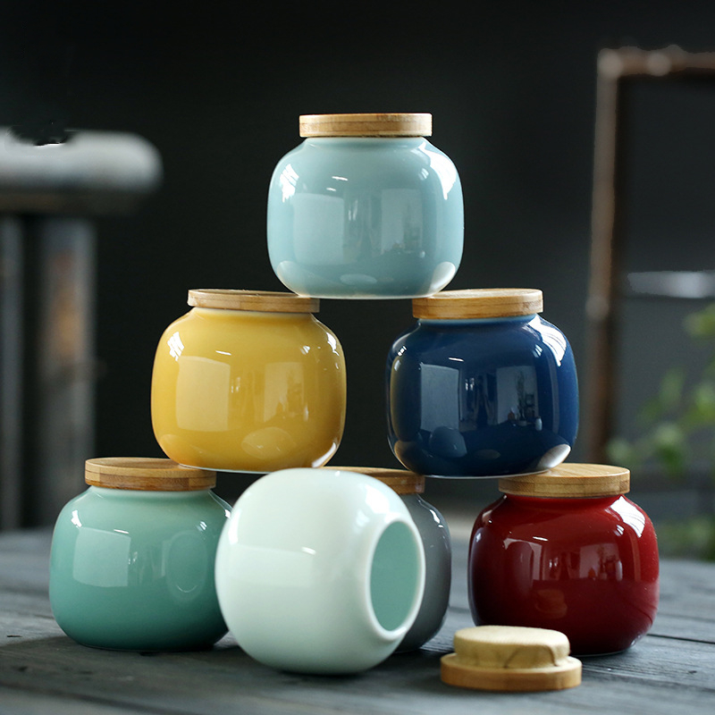 Ceramic storage tank Kitchen Seasoning Tank Natural bamboo Wooden Cover Salt Shaker Spice Jar Kitchen Accessories Tea cans