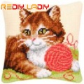 Cross Stitch Cushion Playing Kitten Make Your Own Pillow DIY Chunky Cross Stitch Kit Pre-Printed Canvas Acrylic Yarn Pillow Case