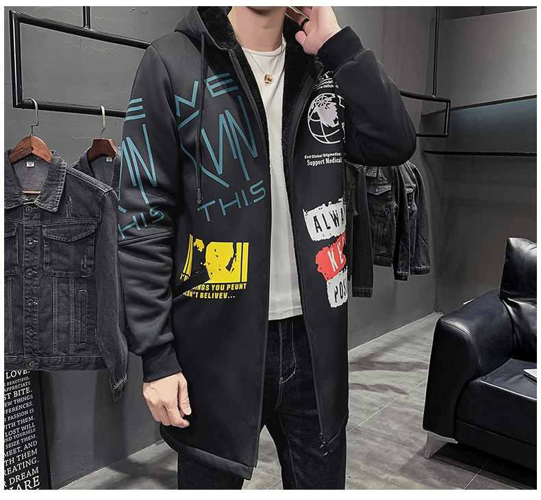 YASUGUOJI Fleece Jacket Spring Parkas Men Print Japanese Hooded Long Trench Coat Black Hip Hop Streetwear Thick Men's Jackets