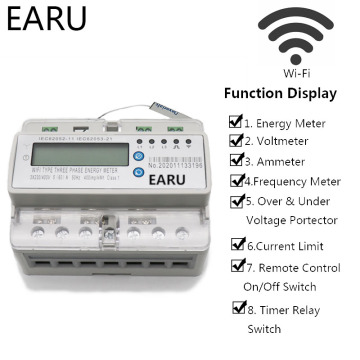 3 Phase 60A Remote Control Wifi Smart Din Rail Power Energy Meter kwh Over Under Voltage Current Protect Time Relay Switch RS485