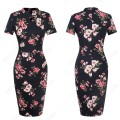 Summer Women Floral Short Sleeve Bodycon Elegant Round Neck Hole Slim Work Dress EB534