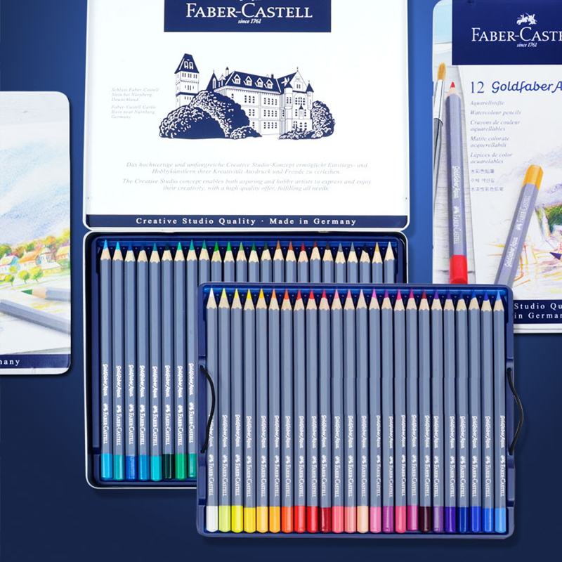 Faber Castell Goldfaber Aqua Water Soluble Colored Pencils 12/24/36/48 Colors Blue Iron Box Artist Sketch Drawing Supplies 1146