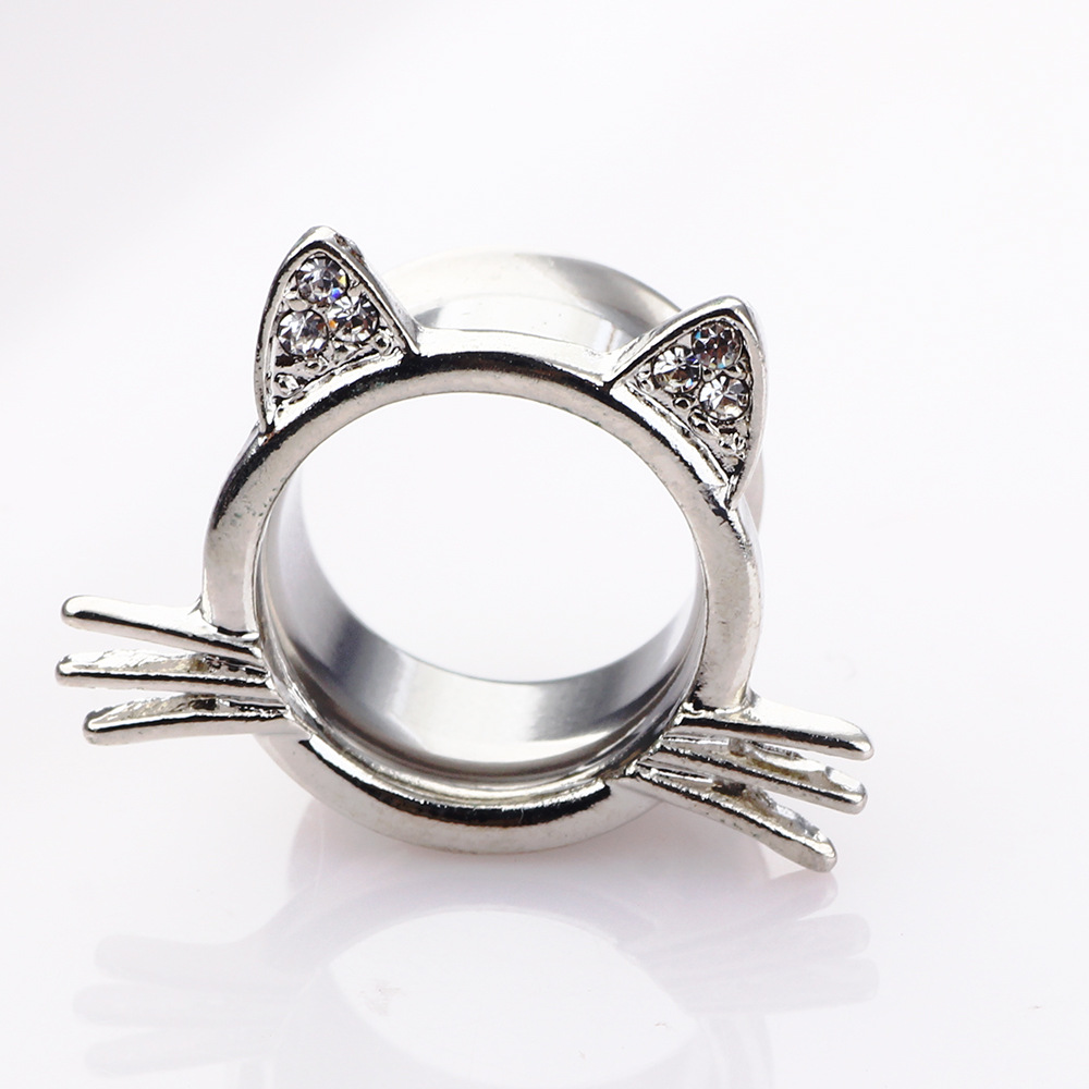 2 Piece Crystal Cat Ear Plug Stainless stee Flat Flare Screw Fit Ear Plugs Cute Kitty Gauges Flesh Tunnel body Piercing jewelry