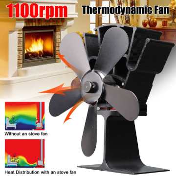 Black Fireplace 5 Blade Heat Powered Stove Fan Log Wood Burner Eco Friendly Quiet Fan Home Efficient Heat Distribution