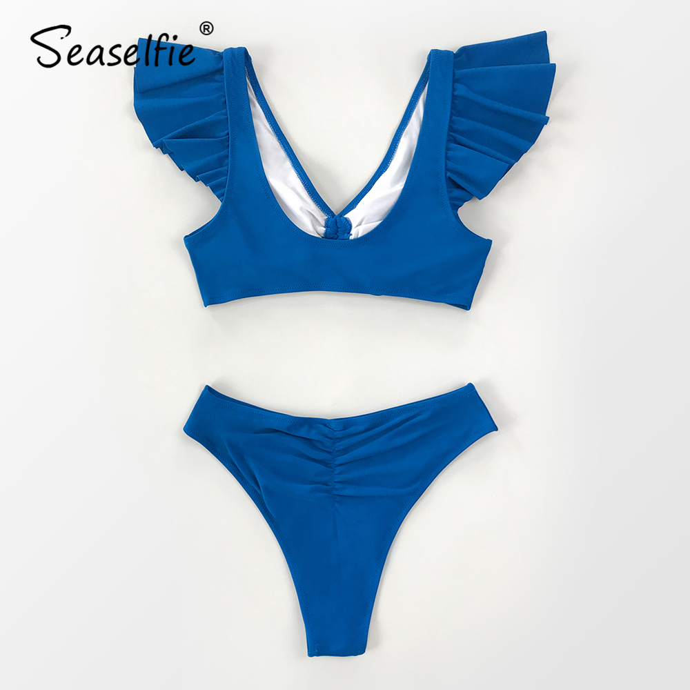 SEASELFIE Sexy Ruffled Drawstring Bikini Sets Swimwear Women Swimsuits Bathing Suit 2021 Solid Blue Tank Top Bikinis Beachwear