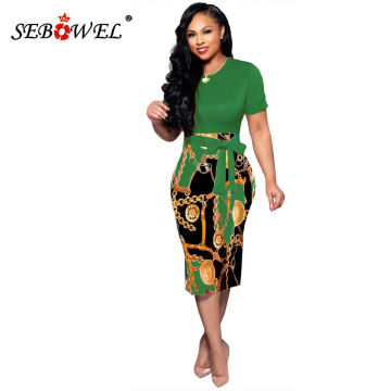 SEBOWEL Fashion Casual Women Print Short Sleeve Bodycon Pencil Dress with Belt Office Lady Work Tight Midi Dresses Summer S-XXL