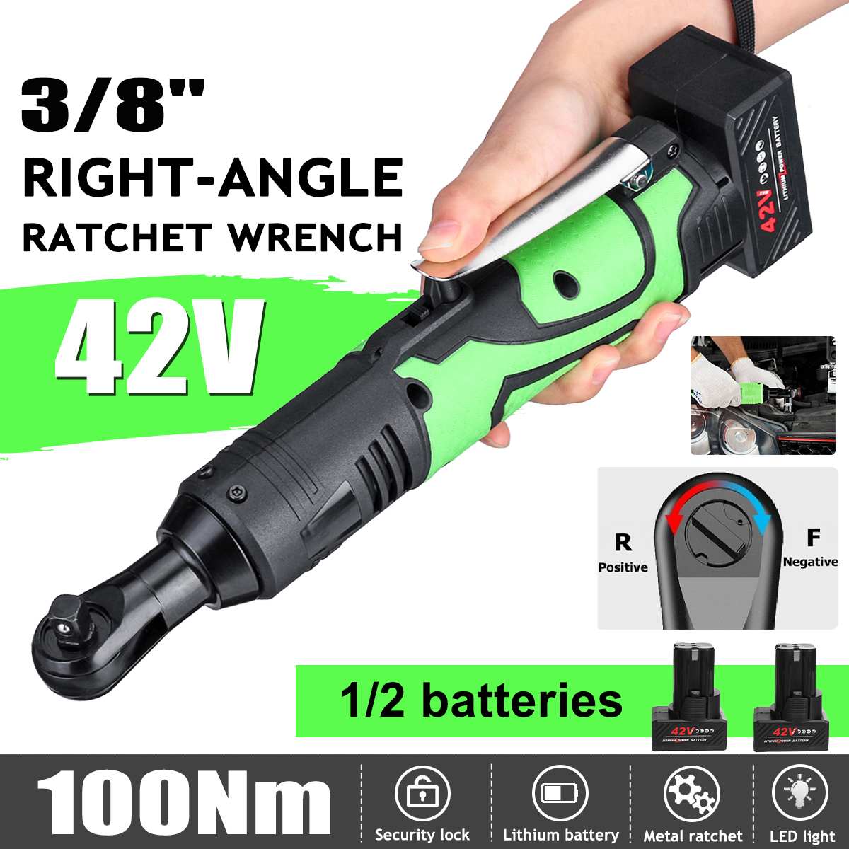 100Nm Electric Wrench 3/8" Cordless Ratchet 42V Rechargeable Scaffolding Right Angle Wrench Tool with 1/2 Battery Charger Kit