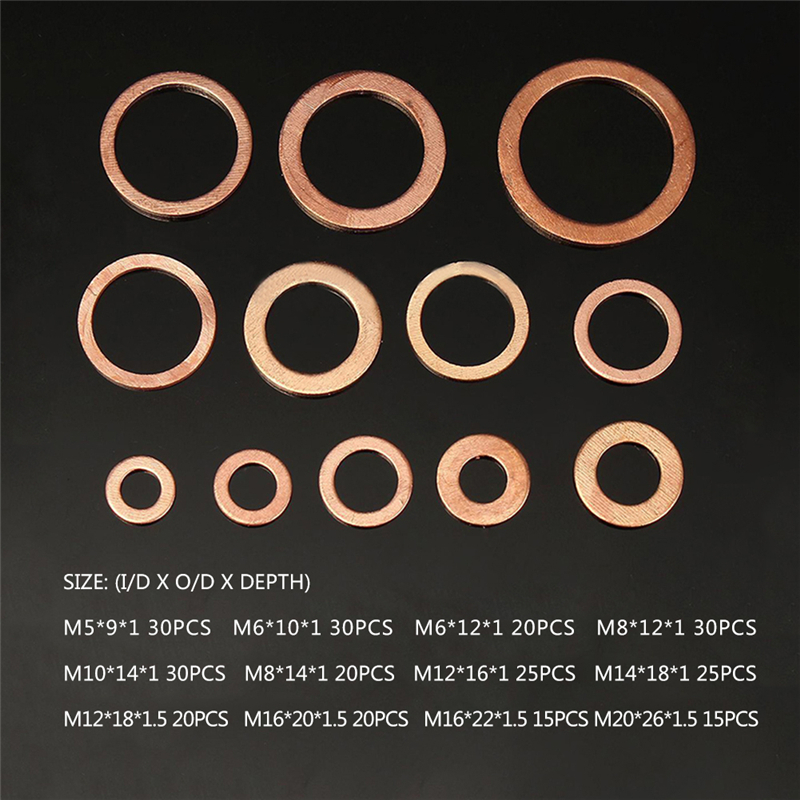 280pcs Solid Copper Washers Copper Gasket Washers Sealing Ring Set With Box 12 Sizes