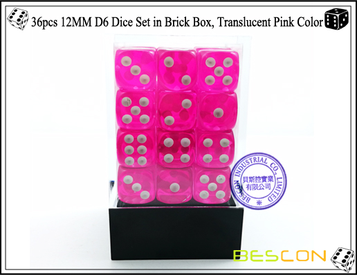 36pcs 12MM D6 Dice Set in Brick Box, Translucent Pink Color-2