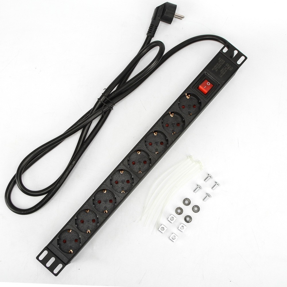 19in 1U 16A 8 Unit German PDU Network Cabinet Rack European Standard Regulation Socket Outlet Switch EU Power Strip Distribution