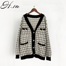 H.SA Women Sweater Jacket 2020 Oversized Knitted Cardigans Loose Plaid Jumpers Korean Clothing Robe Long Elegnat Female Coat