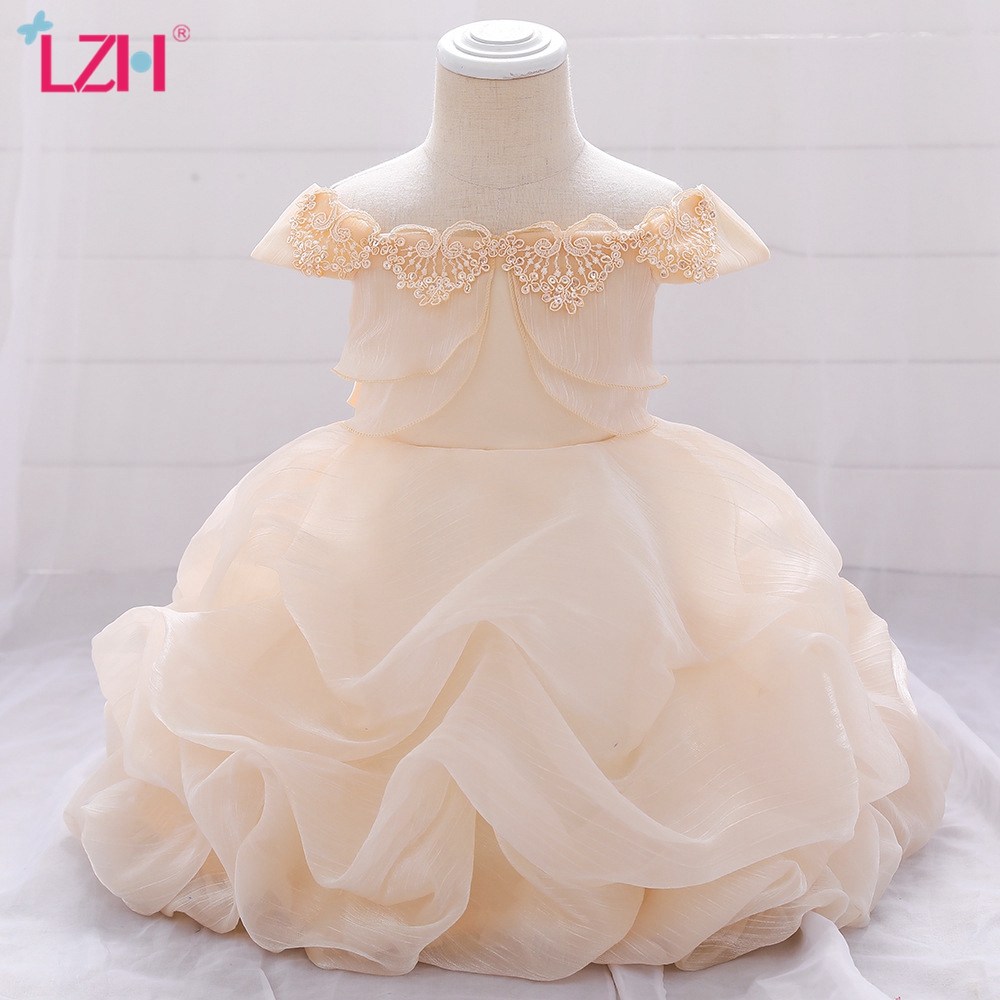 LZH 2020 Autumn Sweet Baby Dress One-Shoulder Infant Full Moon Dress Newborn Baptism Net Gauze Puffy Cake Dress Newborn Clothes