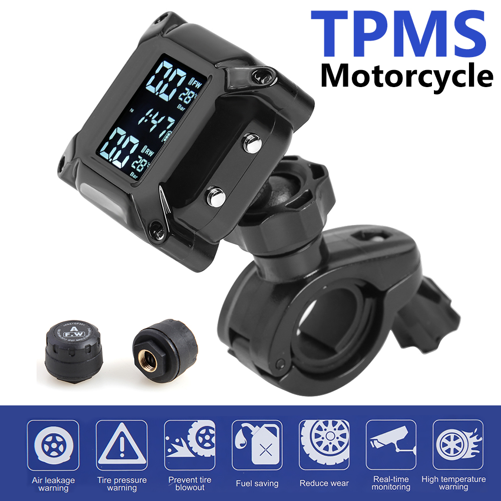 Motorbike Tire Tyre Pressure Temperature Monitoring Alarm System Waterproof LCD Motorcycle TPMS with 2 External Sensors