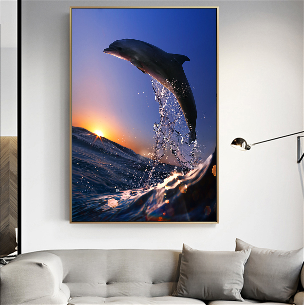 Ocean Dolphin Poster Seascape Sunset Landscape Canvas Painting Wall Art Picture for Bedroom Kids Room Modern Home Decoration