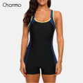 Charmo Women Sports Swimwear Sports Swimsuit One-Piece Colorblock Swimwear Open Back Beach Wear Bathing Suits patch work fitness
