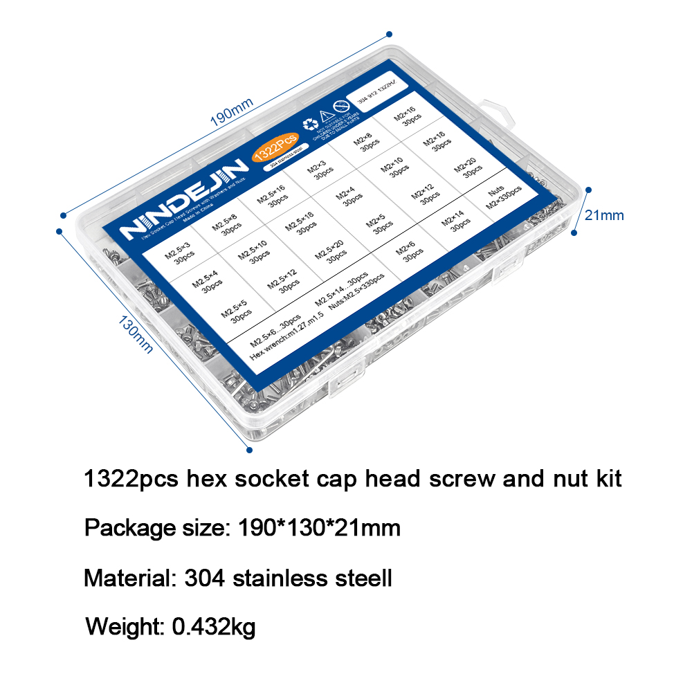 NINDEJIN 1322pcs/set Hexagon Socket Head Cap Screw and Nut Stainless Steel M2 M2.5 Hex Socket Countersunk Button Head Screw Set