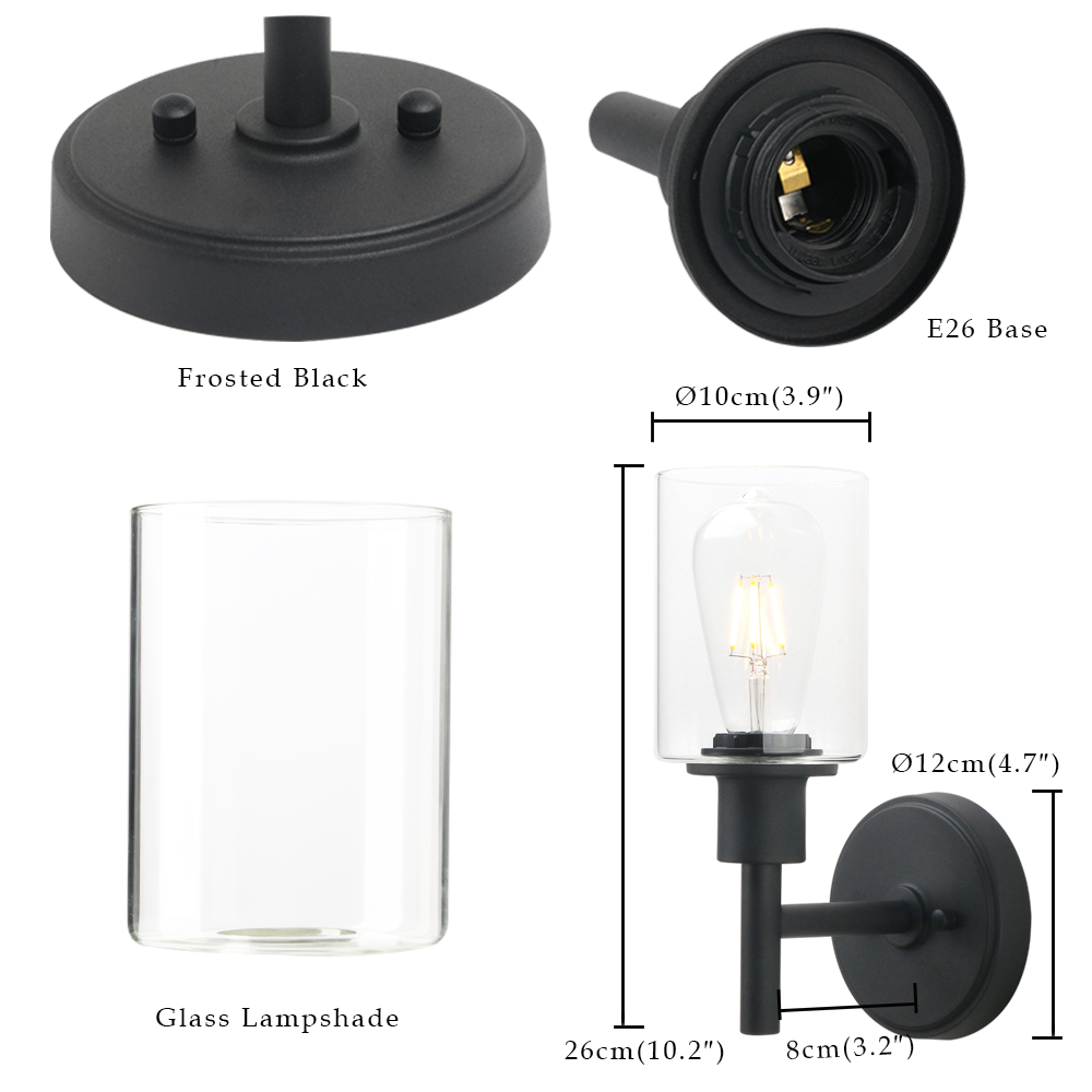 Permo Black Wall Sconce Light 1-Light Matte Black Bathroom Vanity Light Fixture with 3.94 Inches Glass Light Shade