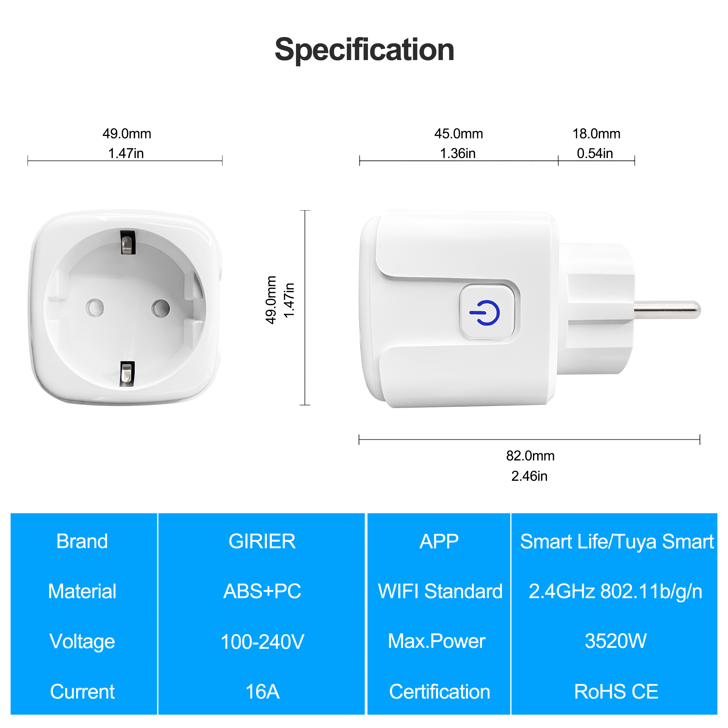 16A Wifi Smart Plug Socket EU with Power Monitor, Smart Life App Control, Voice Timing Functions, Works with Alexa Google Home