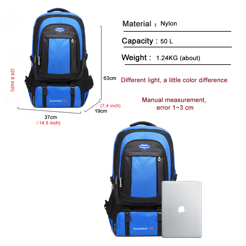 Large Capacity 50 L Men's Travel Backpack Outdoor Camping Mountain Bag Male Luggage Bag Leisure Teens Sports Backpack Black Blue