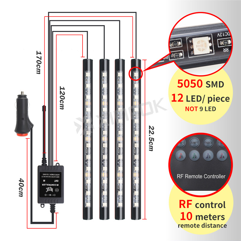 4PCS Car LED Strips Decorative Lamps Flexible RGB Phone APP RF Remote Controller LED Interior Lights