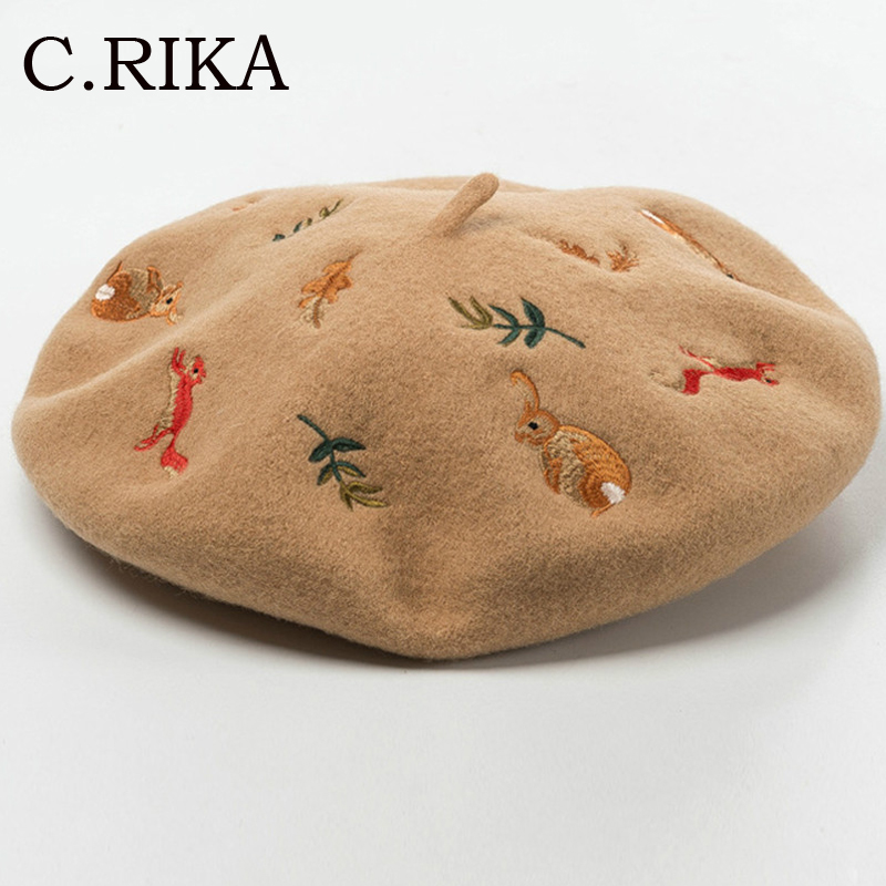 Korean New Mori Rabbit Squirrel Leaves Embroidered 100% Wool Beret Autumn Winter Women Girls Fashion Warm Artist Hat Wool Hat