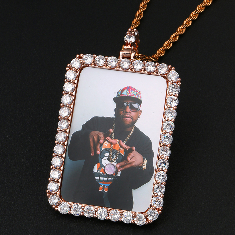 New Rectangle Custom Made Photo Pendant Necklace Medallions Mens Hip Hop Jewelry For Gold Silver Rose Gold Crystal Fashion Chain
