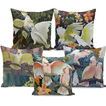 Tropical Animal Plant Retro Oil Painting Parrot Pillowcase Decorative Home Fabric Sofa Cushion Cover Peach Skin Velvet 45x45cm