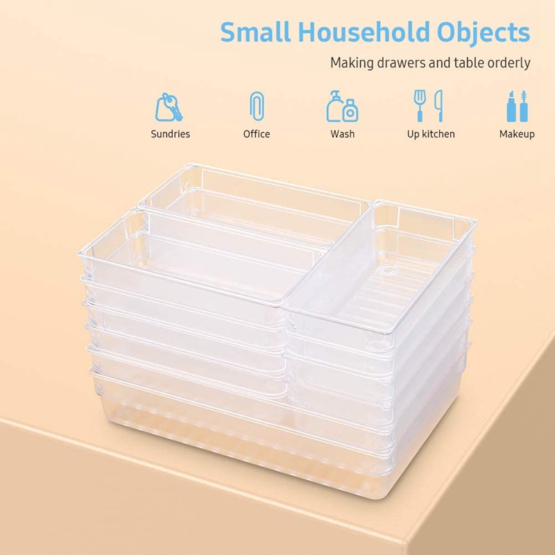 Set Of 12 Desk Drawer Organizer Trays with 3-Size Clear Plastic Storage Boxes Divider Make-Up Organiser for Office