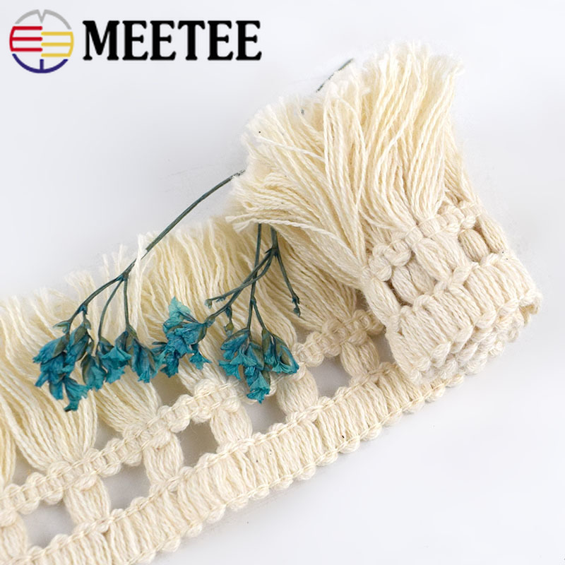 8Meters Meetee 5cm Wide Beige Cotton Fringe Lace Trim Fabric Tassel Ribbon DIY Sewing Curtain Home Decor Garment Craft Material
