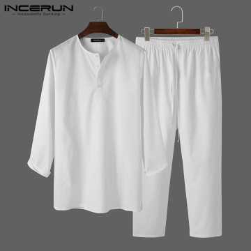 INCERUN Vintage Men Sets Long Sleeve Shirt Drawstring Pants Solid Color Casual Men's Suit Streetwear Retro 2 Pieces Sets S-5XL