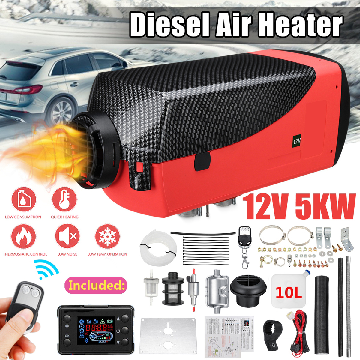 Car Heater 12V 5000W Carbon Pattern Air Diesels Fuel Heater Single Hole With Remote Silencer 10L Tank 5Kw For Trucks Boats Etc