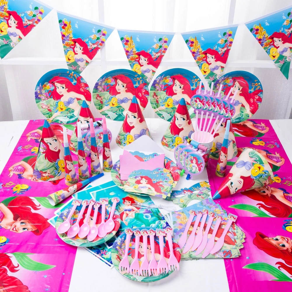 Cartoon Figure Mermaid Ariel Party Decoration Disney Princess Disposable tablewares Set Newborn Baby First Birthday Party Supply