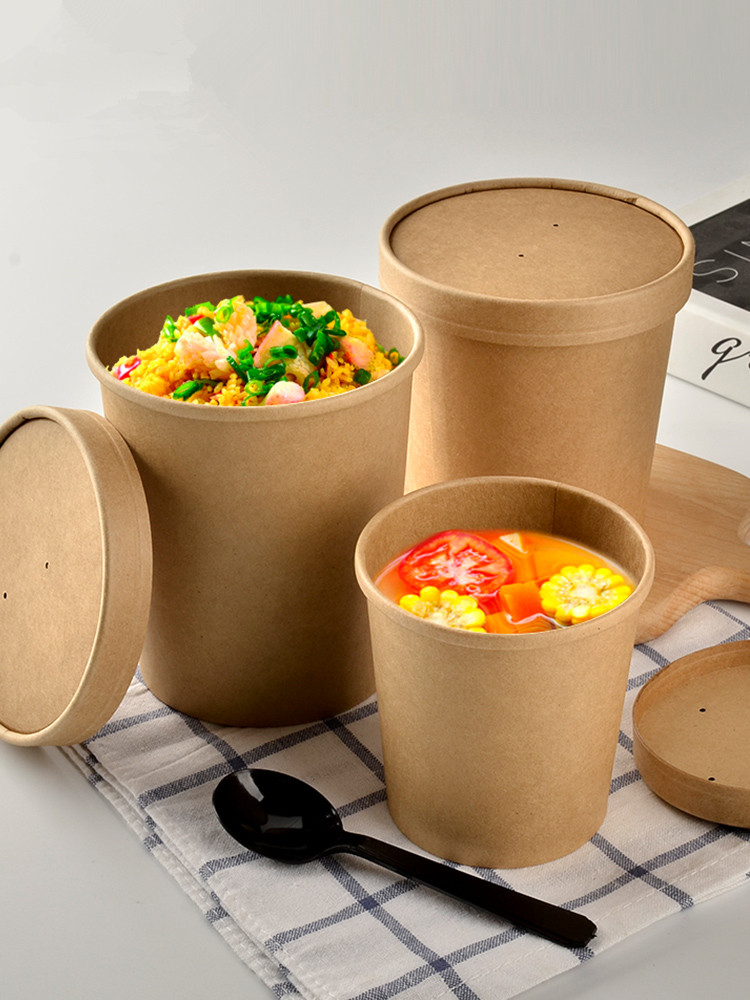 50pcs High quality kraft paper round soup bowl soup bucket disposable lunch box takeaway snack food fruit salad packing cups