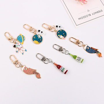 Goldfish Wine Bottle Key Ring Space Craft Astronaut Rocket Planet Keychain Spaceman Universe Stars Metal Keyring Key Chain Gifts