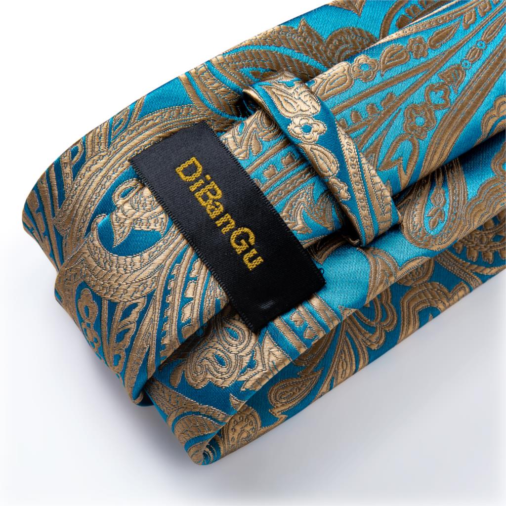 Men Tie Blue Gold Paisley Quality Wedding Tie For Men Tie Ring Hanky Cufflink Silk Tie Set DiBanGu Designer Business JZ03-7281