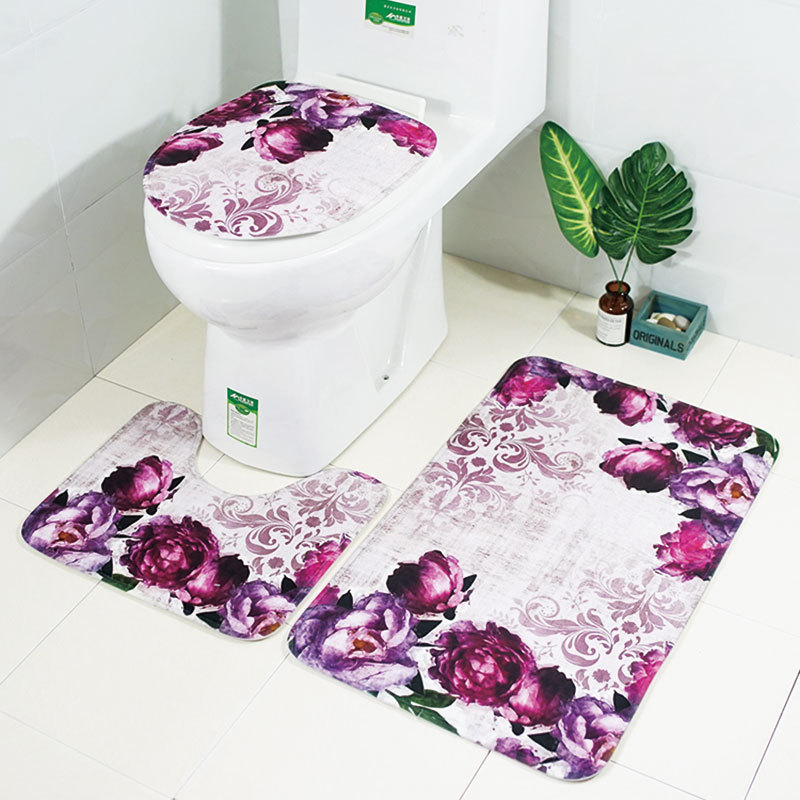 Zeegle Retro Floral Toilet Rug Set Shower Curtain Bath Mat Set Non Slip Bathroom Carpet Toilet Floor Mat Toilet U-Shape Bath Mat