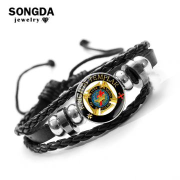 SONGDA Freemason Masonic Malta Knights Templar Seal Bracelet Mason Art Patterns Glass Dome Snap Men Multi-layer Leather Bracelet