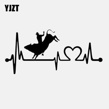 YJZT 15.5CM*7.1CM Bull Riding Rodeo Cowboy HeartbeatVinyl Black/Silver Creative Car Sticker C22-1023