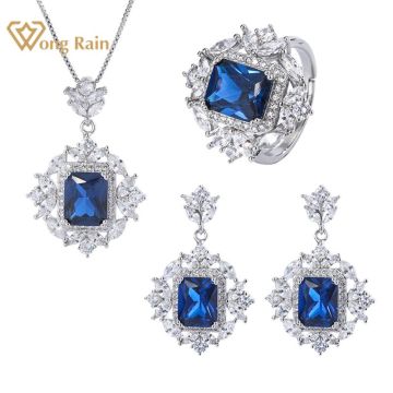 Wong Rain 100% 925 Sterling Silver Created Moissanite Sapphire Gemstone Earrings/Rings/Necklace Wedding Jewelry Sets Wholesale