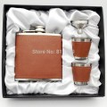Personalized birthday gift or Father's day gift of 6OZ brown leather hip flask with 2 brown cups and funnel in gift box