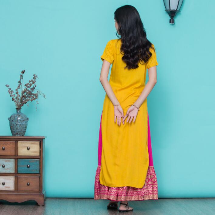 New Woman Fashion Ethnic Styles Sets Cotton India Kurtas Short Sleeves Long Yellow Thin Top Skirt