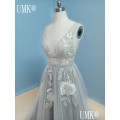 UMK 2020 Gray Beach Lace Boho Wedding Dress Sexy V Neck Open Back Wedding Gowns Chic Tulle Appliques Vestido De Noiva