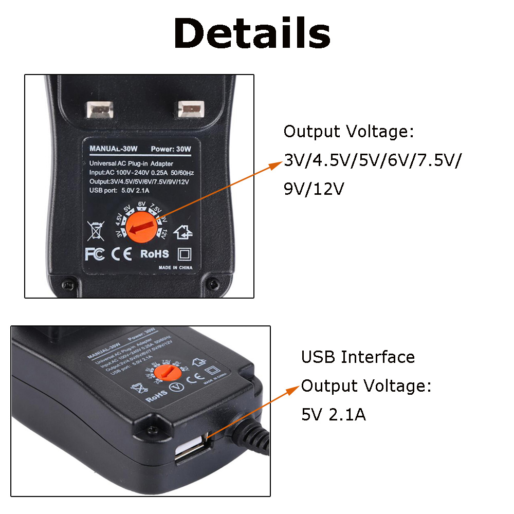 Universal Adapter AC DC Transformer 4.5V 3V 6V 7.5V 9V Adjustable Voltage 12V Power Supply 5V 30W Regulated Power Adapter USB