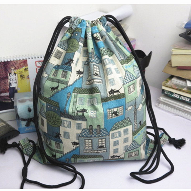 35*40cm Drawstring Storage Bags Girls Shoulder Bags Women Canvas/ Cotton Cat House Backpack Shoe Travel Pouch Portable Bag