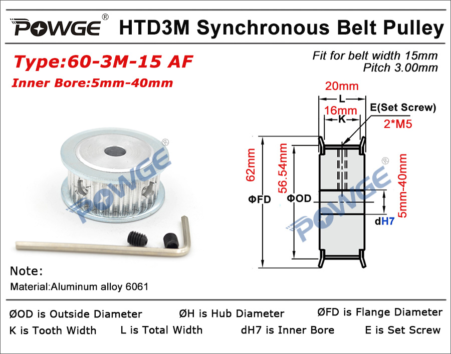 POWGE 60 Teeth HTD 3M Timing Pulley Bore 6/8/10/12/12.7/14/15/17/19/20/22/25mm for Width 15mm HTD3M Synchronous Belt 60T 60Teeth