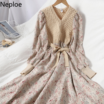 Neploe Patchwork Knit Ribbed Dresses Women 2020 Korean Fall Clothes Robe Fake Two Vintage Floral Vestidos Elegant Slim Dress